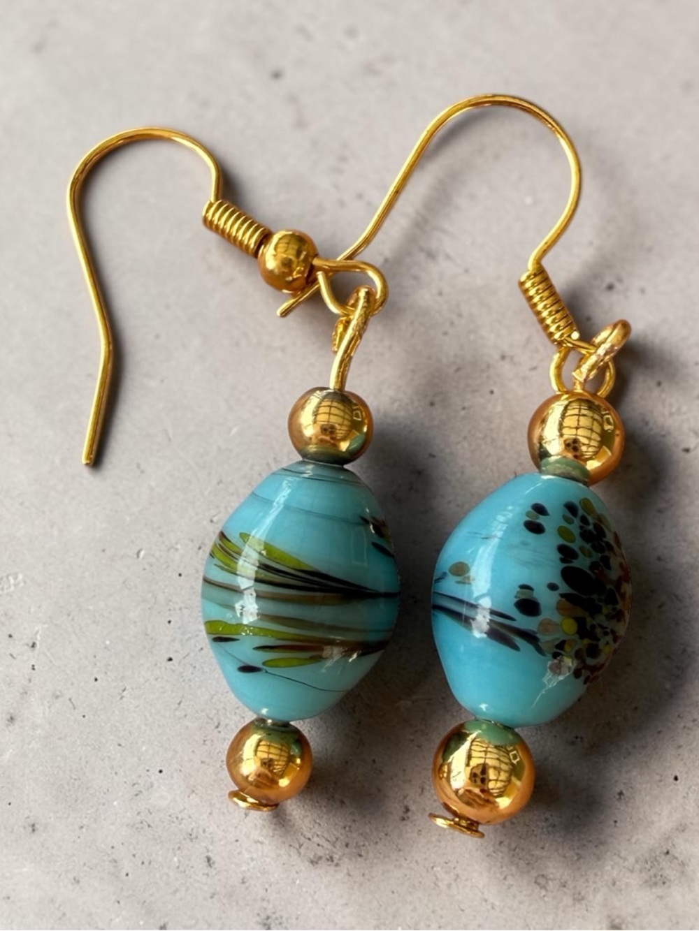 Handmade Gold & Turquoise Lampwork Bead Drop Earrings